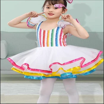  Семь цветов-радуга, детская классическая профессиональная балетная пачка, детское платье для хора с блестками, костюмы для хора, газовая юбка принцессы