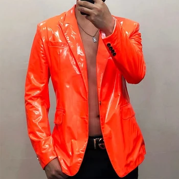  Зеркально глянцевое кожаное пальто, мужской костюм для выступлений в ночном клубе, модель автомобиля, куртка для мускулистых мужчин, весенний светоотражающий цветной однотонный блейзер