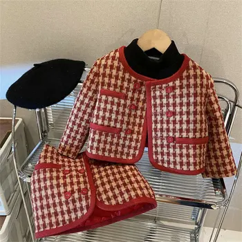  Пальто + юбки для девочек, 2 шт./компл., 2023 Красные Весенне-осенние детские костюмы, Хлопчатобумажные наряды, утепленная высококачественная детская одежда