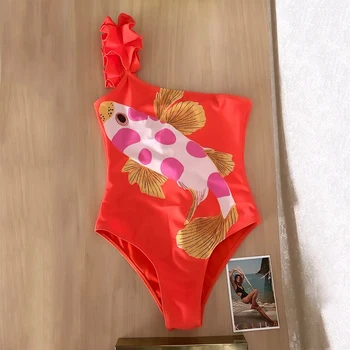  2023 Новый сексуальный купальник с принтом Золотая Рыбка, Цельный купальник с рюшами на одно плечо, женский купальник, пляжная одежда с открытой спиной, Monkini