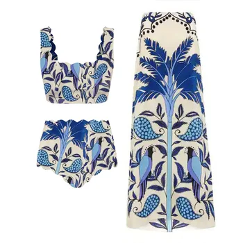  Синий модный купальник с винтажным принтом и пляжная юбка, летний купальный костюм 2022 года, роскошные шорты-Буркини