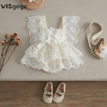  VISgogo/ платье-комбинезон с цветочным кружевом для маленьких девочек, летящие рукава с рюшами, квадратный вырез, комбинезон на шнуровке с открытой спиной, летняя одежда для малышей