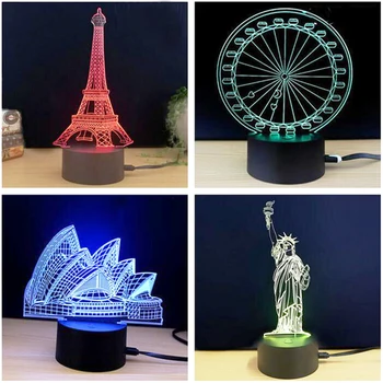 7 цветовых изменений, различная модель здания, акриловый 3D ночник для дома, USB сенсорная настольная лампа