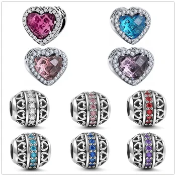  Новая сверкающая Розовая Синяя Красная Фиолетовая бусина с ажурным сердечком Подойдет к оригинальному браслету DIY Women Jewelry