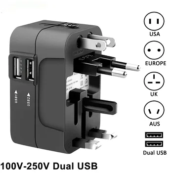  Универсальный дорожный адаптер с несколькими контактами, Двойной USB-порт, Розетка, зарядное устройство, конвертер, Штепсельная вилка EU, US, UK, AU В наличии