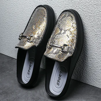  Летние мужские полуботинки цвета: золотистый, серебристый, из искусственной кожи Мужская обувь на плоской подошве для мужчин Популярная повседневная обувь Молодежи