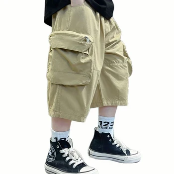  Брюки-карго для мальчиков, однотонные короткие штаны для мальчиков, детские штаны в повседневном стиле, летняя детская одежда для мальчиков 6, 8, 10, 12, 14 лет